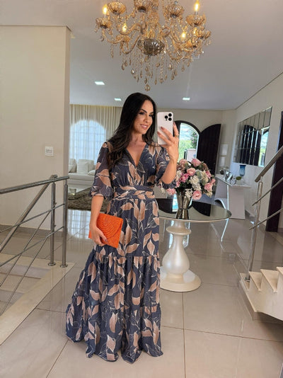Dajana – Maxi Dress with Leaf Print and Wrap Look